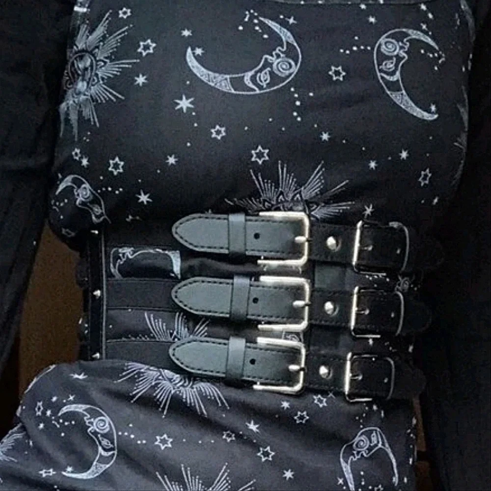 Faux leather Wide corset waist Black Belt studded Goth punk Triple buckle